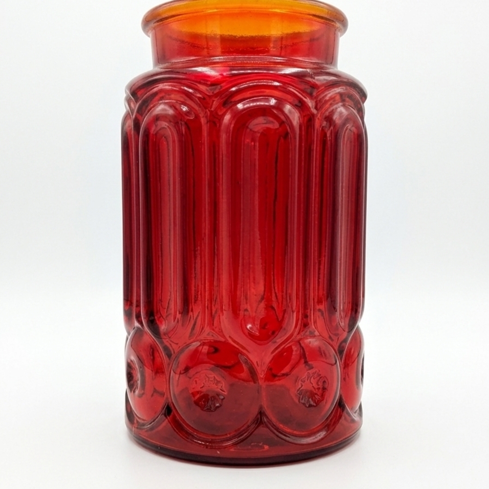 1970 vintage L.E. Smith "Moon & Stars" pattern apothecary jar  in red glass.  XL